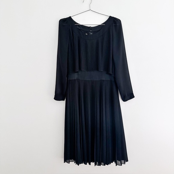 Vintage Dresses & Skirts - Vintage Black Pleated Midi Dress Sheer Sleeves Union Made Size 2-4